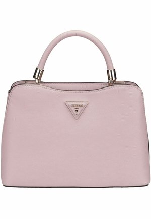 Borsa a mano sintetica rosa con texture, dalla forma strutturata, dotata di manico superiore e dettaglio del logo triangolare sul frontale.