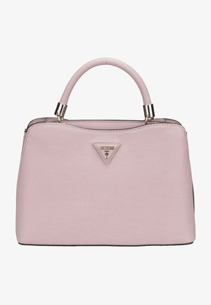 Bolso de mano sintético texturizado en color rosa con una forma estructurada, que cuenta con un asa superior y un acento de logo triangular en la parte frontal.
