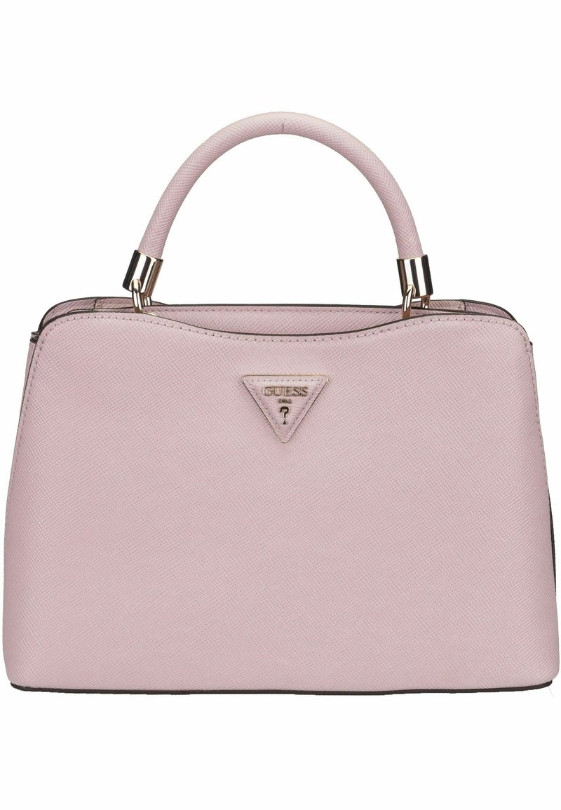 Borsa a mano sintetica rosa con texture, dalla forma strutturata, dotata di manico superiore e dettaglio del logo triangolare sul frontale.