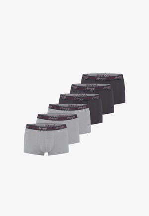 Six pairs of men’s boxer briefs in alternating gray and black, each with a black waistband branded "sloggi" in white and red.
