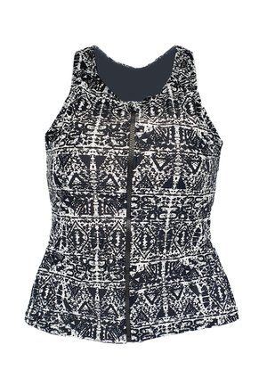 Schwarzes und weißes, gemustertes Tanktop mit Reißverschluss vorne, das ein strukturiertes Design aufweist. Der Stoff wirkt glatt und hat eine figurbetonte Silhouette.