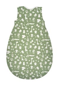 Grüner Schlafsack mit einem Muster aus weißen Tieren und fantasievollen Elementen, rund geformt und ärmellos.