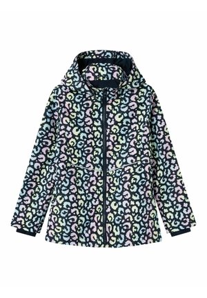 Hættetrøje med lynlås hele vejen foran, med et pastelfarvet leopardmønster i flere farver på en sort baggrund.