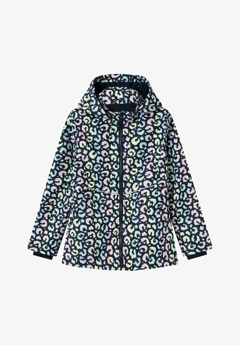 Kapuzensweatshirt mit durchgehendem Reißverschluss, mit einem pastellfarbenen Leopardenmuster in mehreren Farben auf schwarzem Hintergrund.