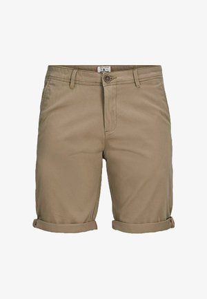 Shorts en coton beige avec revers roulés, dotés d'une fermeture à bouton et de poches avant. Texture lisse et design classique à jambes droites.