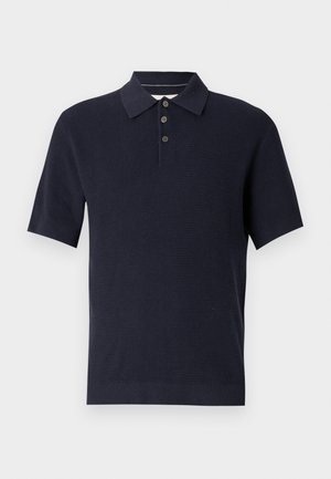 Navy blue short-sleeved polo with a textured pattern, a collar, and three-button placket. Ribbed hem and cuffs enhance shape and fit.
