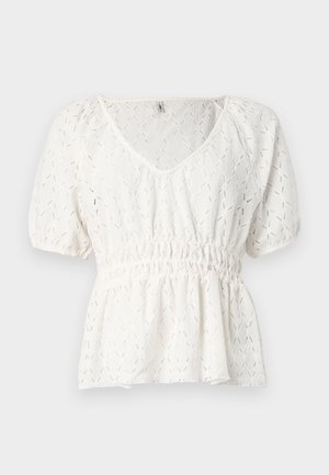 Top blanc à manches courtes en tissu texturé avec un décolleté en V, une taille élastique et un motif en diamant complexe sur l'ensemble.