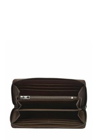 Brązowy skórzany portfel z zamkiem błyskawicznym, wieloma przegródkami na karty oraz dwoma pojemnymi przegródkami na gotówkę i monety. Teksturowana wyściółka wewnętrzna.