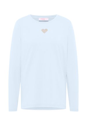 Lichtblauwe T-shirt met lange mouwen, van zacht katoen, met een klein beige hartontwerp op de voorkant, ronde halslijn en een relaxte pasvorm.