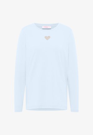 Light blue long-sleeve t-shirt, soft cotton material, featuring a small beige heart design on the front, round neckline, and relaxed fit.