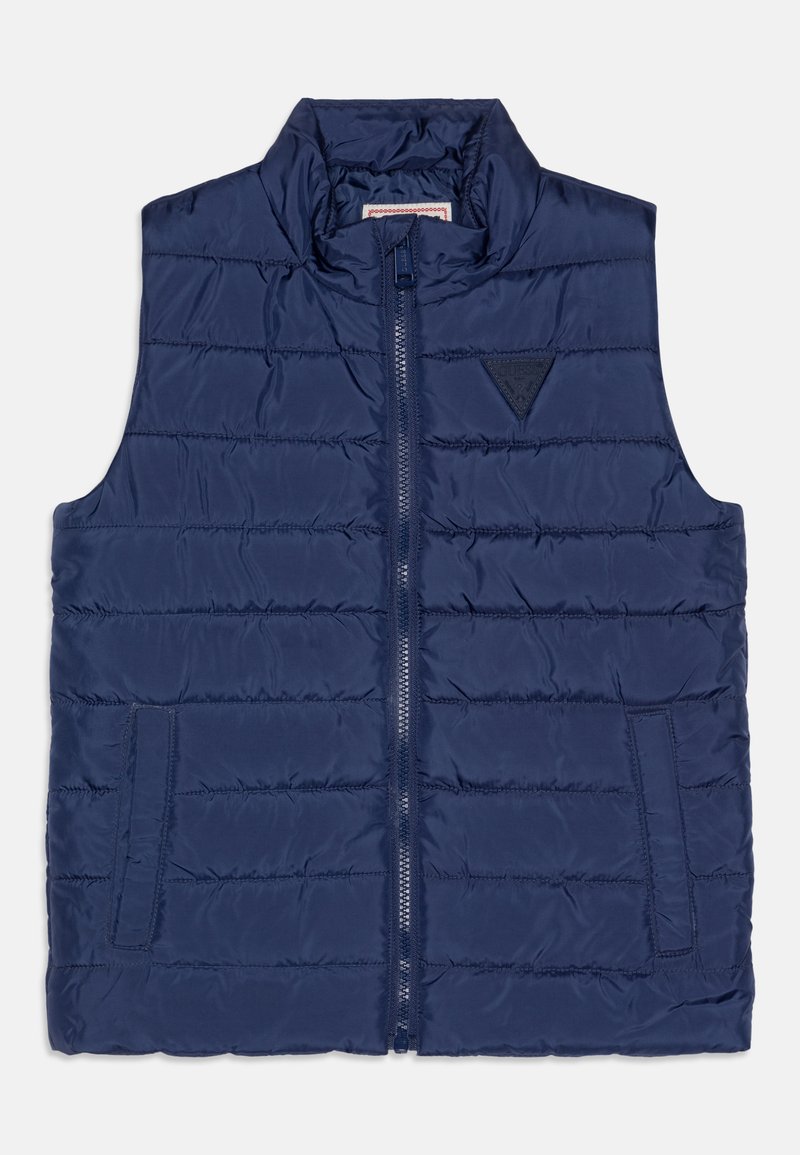 Gilet imbottito blu navy con colletto alto, chiusura a zip e due tasche frontali. Presenta un motivo a righe verticali e un piccolo dettaglio con logo.