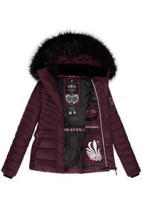 Bordo puf jakna s umjetnim krznom na kapulja�či, patentni zatvarač sprijeda i više unutarnjih džepova s cvjetnim uzorkom i logom marke.