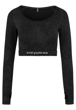 Black long-sleeve crop top made of soft material. Features a rounded neckline and textured accents along the sleeves. Logo displayed at the hem.