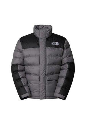 Pufferjack in grijs en zwart met een hoge kraag, horizontale stiksels, voorzakken en het logo van The North Face op de borst.
