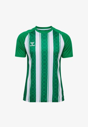 Grün-weiß gestreiftes Sportshirt aus leichtem Stoff; mit Schachbrettmuster und Logo auf der Vorderseite. Kurzärmlig.