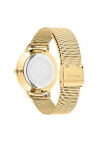 Goldfarbene Edelstahl-Armbanduhr mit einem Mesh-Armband. Runde Gehäuseform, wasserdicht, ausgestattet mit einem Verschluss und einem glatten, reflektierenden Rücken.