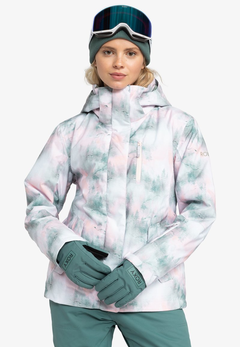 Giacca da sci con un design a stampa foresta pastello, realizzata in materiale impermeabile. Presenta un colletto alto, una tasca con zip e guanti color teal.