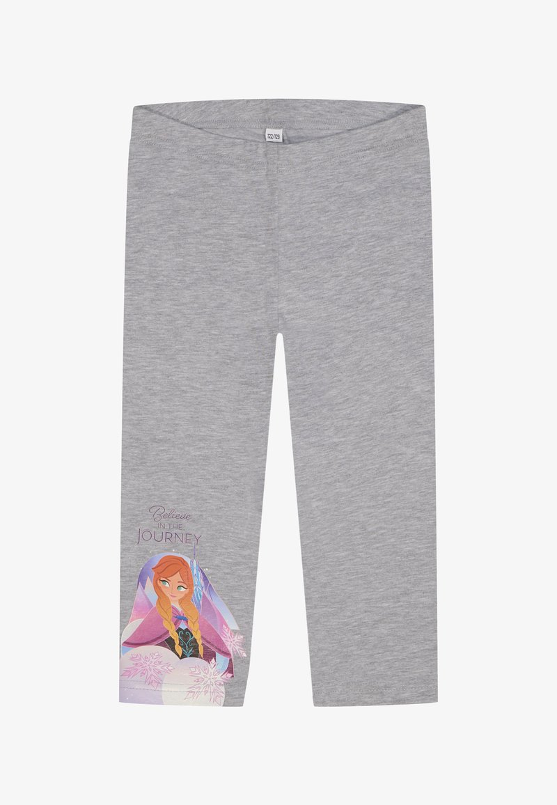 Leggings grises fabricados con tejido suave, que presentan un diseño impreso colorido de un personaje y el texto "Cree en el Viaje" en una pierna.