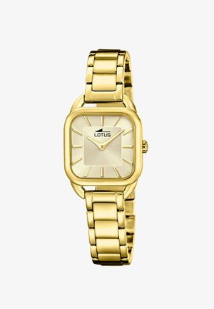 Orologio da polso d'oro con quadrante quadrato, quadrante testurizzato color oro chiaro e cinturino a maglie dorate. Presenta indicatori delle ore dorati e il nome del marchio "Lotus".