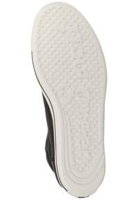 Schwarze Sneaker mit einem strukturierten Obermaterial aus Stoff, Gummisohle mit weißem Boden und erhabenem, kreisförmigem Grip-Muster. Logo auf der Sohle eingeprägt.