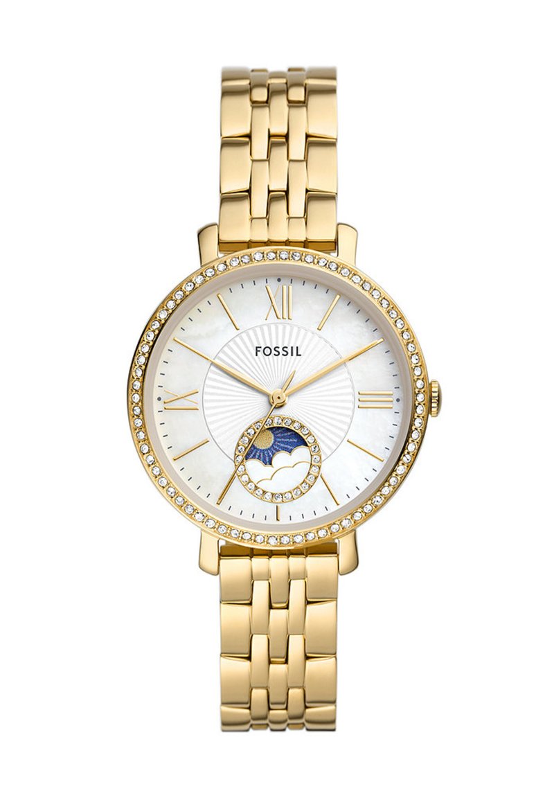 Montre Fossil avec un bracelet en métal doré, un cadran rond en nacre blanche, des accents en cristal et un indicateur de phase lunaire en bas.