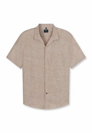 Beige linnen overhemd met korte mouwen en een campkraag, voorzien van vijf zichtbare knopen aan de voorkant, plat liggend op een witte achtergrond.
