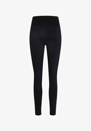 Mustad kõrge vöökohaga naiste retuusid, millel on sile viimistlus ja õmblusteta disain, sobivad sportlikuks või vabaajaliseks kandmiseks.