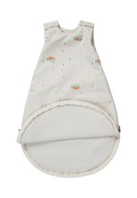 Ärmelloser Schlafsack aus weichem weißen Stoff mit einem mehrfarbigen Regentropfenmuster und Fuchsillustrationen. Verfügt über Druckknopfverschlüsse und einen abgerundeten Boden.