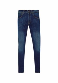 Blauwe denim jeans met een slim fit, contrasterende stiksels, vijf-pocket ontwerp en een subtiel vervaagd patroon aan de voorkant.