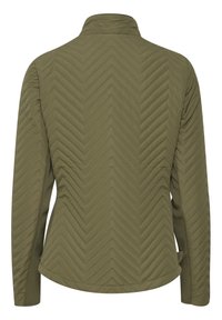 Veste matelassée vert olive avec surpiqûres en chevron, manches longues et col montant court, vue de dos.