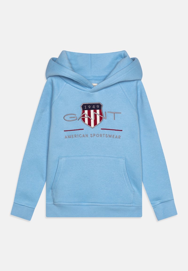 Sweat à capuche bleu clair en tissu doux, doté d'une poche frontale, de poignets côtelés et d'un logo écusson brodé avec des accents rouges et bleus.