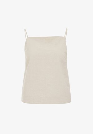 Svetlo bež brezrokavni top iz teksturirane tkanine. Ima tanke nastavljive naramnice in ravno obrobljen spodnji del. Preprost in minimalističen dizajn.
