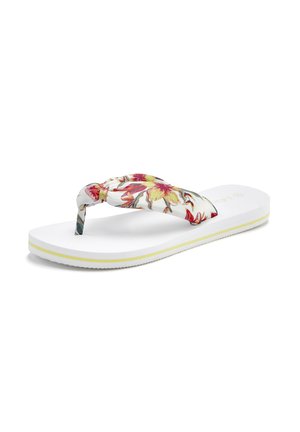 Floral-patterned flip-flop with a padded fabric strap and white rubber sole. Features a yellow accent line along the edge.