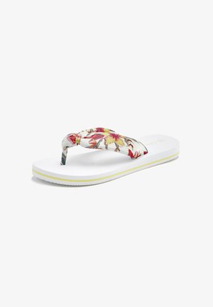 Floral-patterned flip-flop with a padded fabric strap and white rubber sole. Features a yellow accent line along the edge.