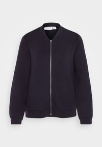 Black bomber jacket made of soft fabric, featuring a full zipper, ribbed cuffs, and a round neckline. Smooth texture with no patterns or accents.