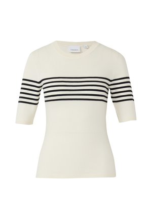 Kurzes Strickoberteil mit kurzen Ärmeln, cremefarben, mit schwarzen horizontalen Streifen über Brust und Ärmeln, Rundhalsausschnitt und tailliertem Schnitt.