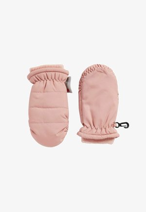 Rosenfarbene, gepolsterte Fäustlinge mit elastischen Bündchen und einer gestrickten Textur am Handgelenk. Enthält einen schwarzen Clip zur Befestigung. Glattes Außenmaterial.