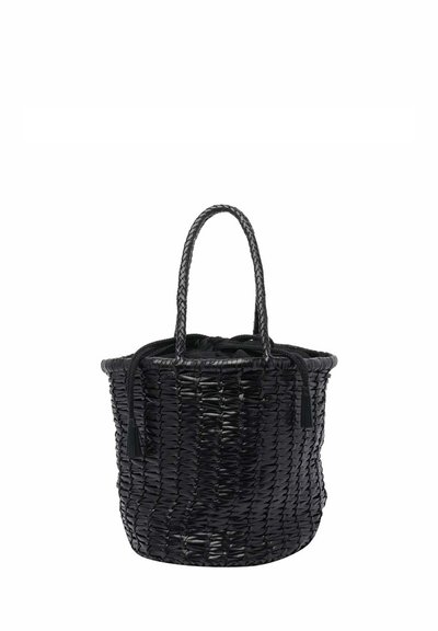 Borsa tote nera intrecciata con due manici, forma arrotondata, chiusura con coulisse e superficie liscia, che mette in risalto il motivo di intrecciato elaborato.