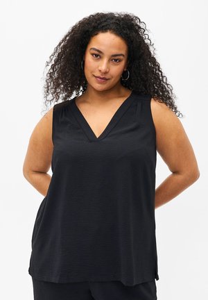 Black sleeveless top with a v-neck design, slightly textured fabric, and a loose fit. Features a curved hem and subtle stitching details.