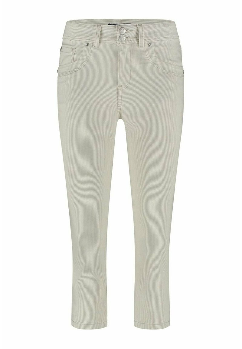 Lichtbeige cropped jeans met een geribbelde textuur, voorzien van een knoopsluiting, vijf zakken en een recht model.
