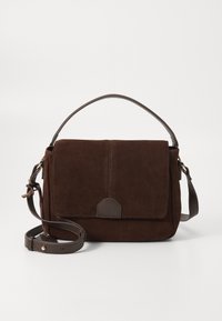 Brown suede messenger bag with a flat front flap, brown leather accents, an adjustable strap, and minimalistic design.