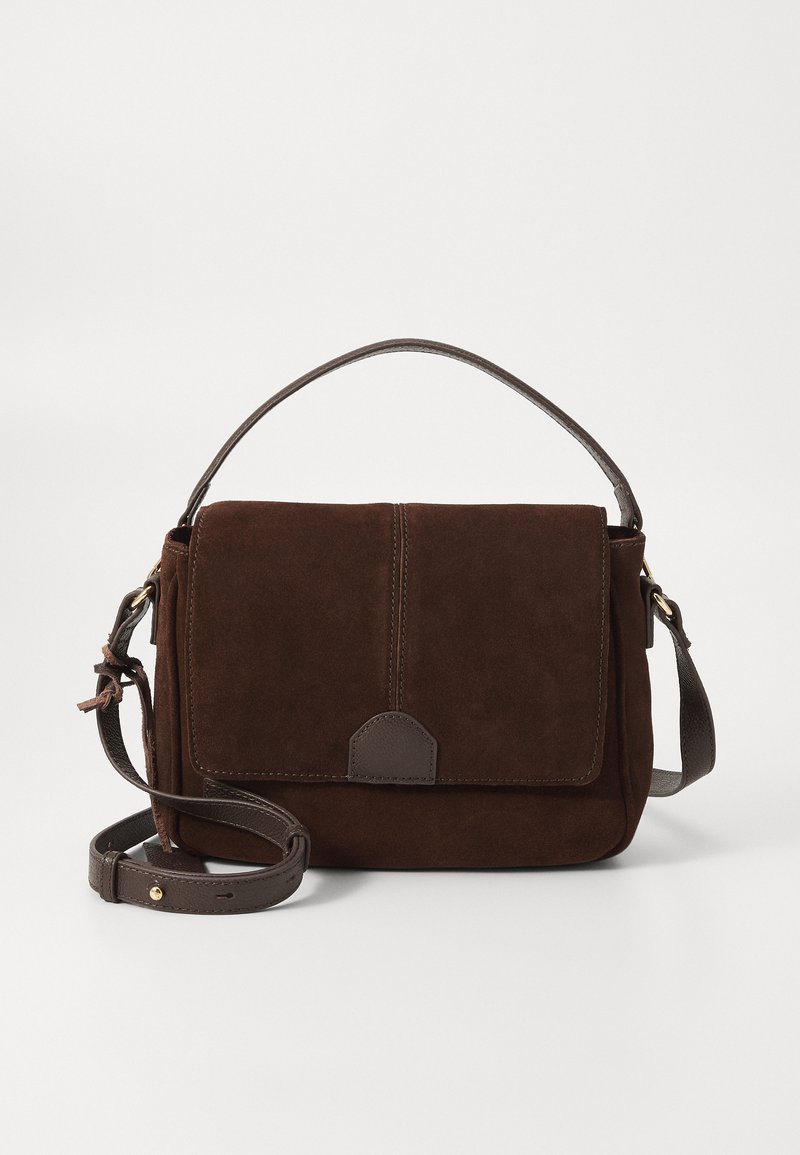 Brown suede messenger bag with a flat front flap, brown leather accents, an adjustable strap, and minimalistic design.