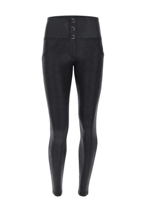 Leggings neri a vita alta con finitura testurizzata, dotati di chiusura frontale con bottone e due tasche laterali. Tessuto liscio ed elastico.