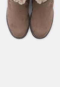 Stivali ankle in suede marrone con una morbida fodera in pelo, punta tonda e cuciture a contrasto lungo la soletta. Texture liscia, design semplice.