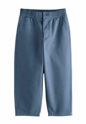 Blå bukser til småbørn med elastisk linning, frontknap, gylp og sidelommer, lavet af glat stof.