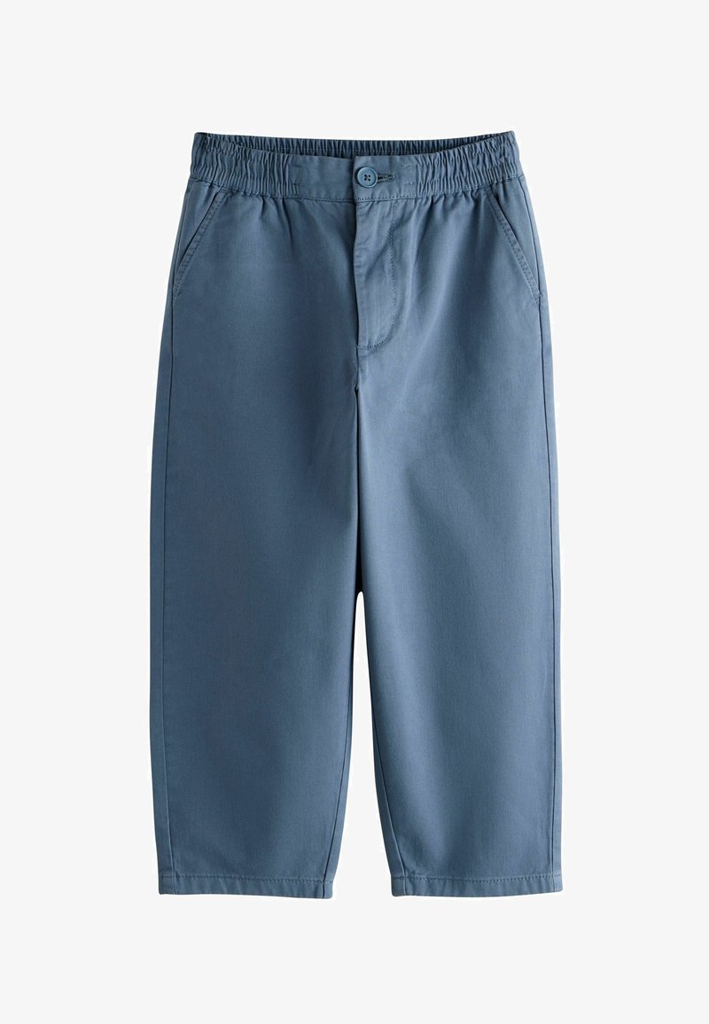 Kék kisgyermek nadrág rugalmas derékrésszel, elöl gombbal, sliccel és oldalzsebbel, sima anyagból.