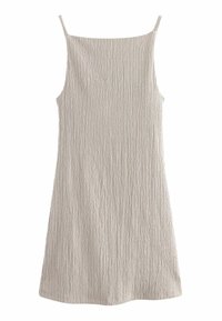 Light gray slip dress with thin straps, featuring a textured, vertically ribbed design. Straight cut with a knee-length hem.