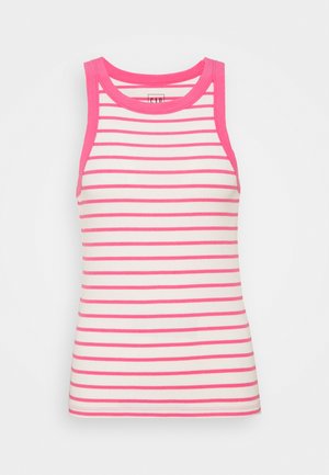 Sleeveless ribbed tank top with pink and white horizontal stripes and solid pink trim around the neckline and armholes.