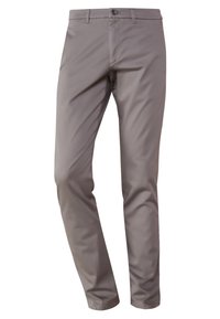 Světle šedé kalhoty slim fit, vyrobené z hladké látky. Mají jednu knoflíkovou légu a poutka na opasek; bez vzorů či akcentů.