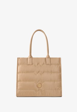 Padded beige tote bag with two handles, featuring zigzag stitching and a circular logo accent at the center. Smooth, lightweight material.